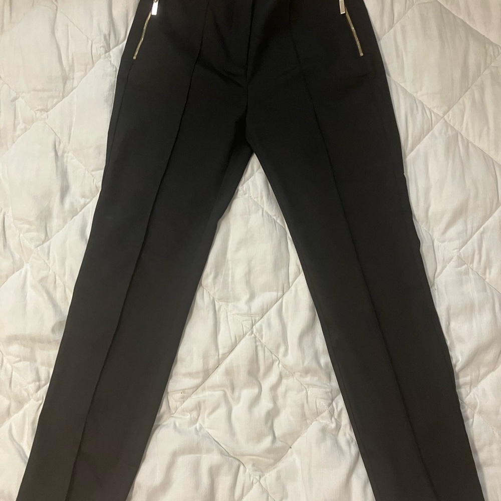 Zara Black Trousers Pants Straight Leg Cut Gold Zipper Work